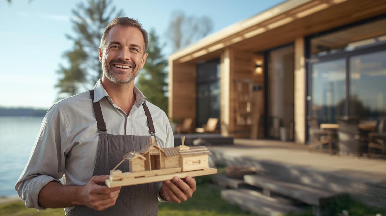Carpenter beside modern lakeside home smiling proudly under warm daylight reflection.