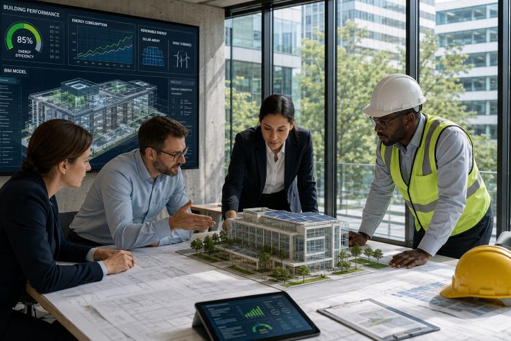 architects and energy engineers collaborating around digital BIM models
